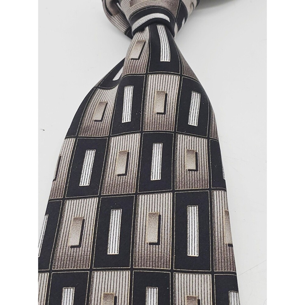 Hermoso New York Silk Necktie Art Deco Silver Black Rectangles Geometric Foulard